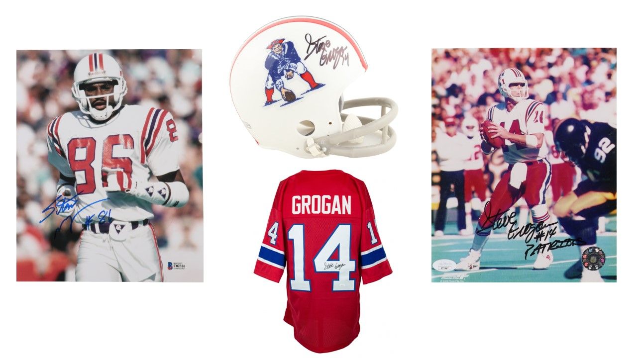 Steve Grogan Signed New England Jersey (JSA), Steve Grogan Signed Mini Helmet (Beckett), Steve Grogan Signed Patriots 8x10 Photo Inscribed "Patriots" (JSA) & Stanley Morgan Signed 8x10Photo  (Beckett)