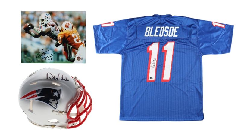 Drew Bledsoe Signed New England Patriots Jersey (Beckett), Drew Bledsoe Signed Patriots Speed Mini Helmet (Beckett), & Stanley Morgan Signed Patriots 8x10 Photo (Beckett) Drew Bledsoe Signed New England Patriots Jersey (Beckett), Drew Bledsoe Signed Patriots Speed Mini Helmet (Beckett), & Stanley Morgan Signed Patriots 8x10 Photo (Beckett)