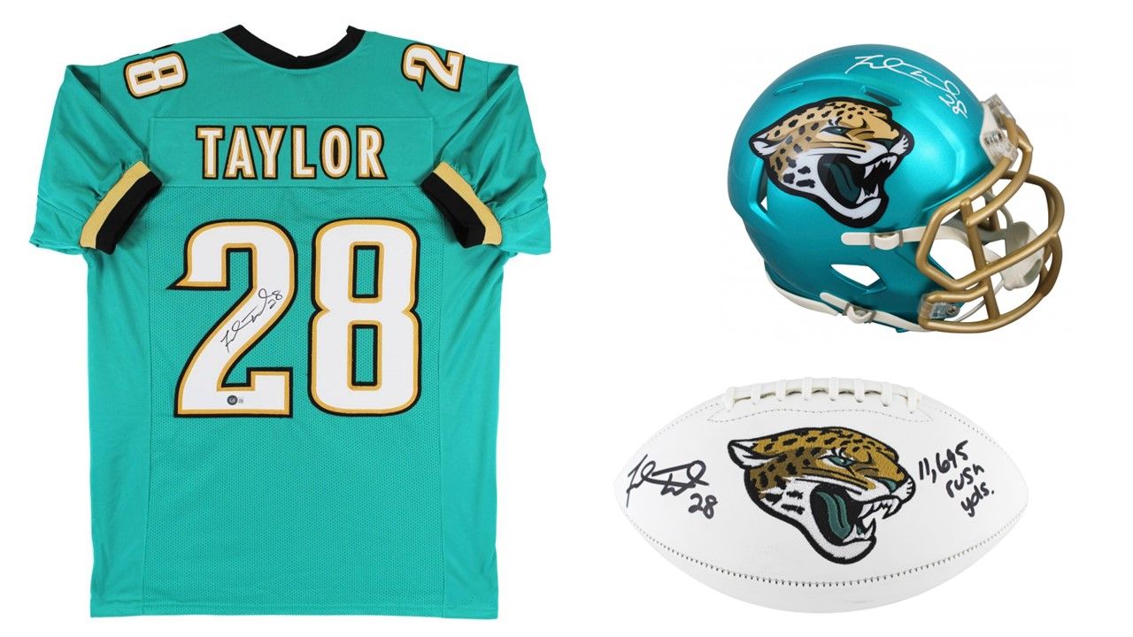 Fred Taylor Signed Jacksonville Jaguars Jersey (Beckett), Fred Taylor Signed Jaguars Flash Alternate Speed Mini Helmet (Beckett), & Fred Taylor Signed Jaguars Logo Football Inscribed "11,695 Rush Yds"