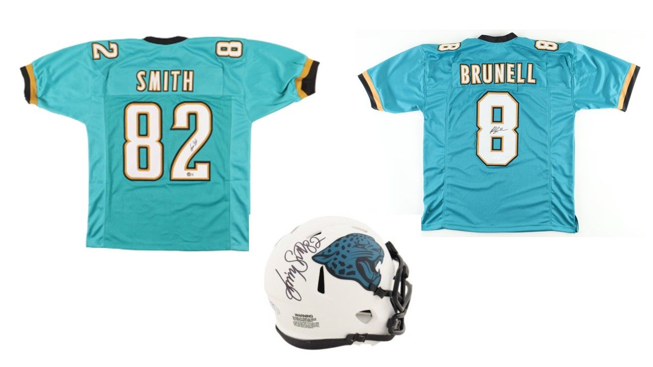 Jimmy Smith Signed Jacksonville Jaguars Lunar Eclipse Alternate Speed Mini Helmet (PSA) and Jimmy Smith Signed Jacksonville Jersey (Beckett), & Mark Brunell Signed Jacksonville Jaguars Jersey (JSA)