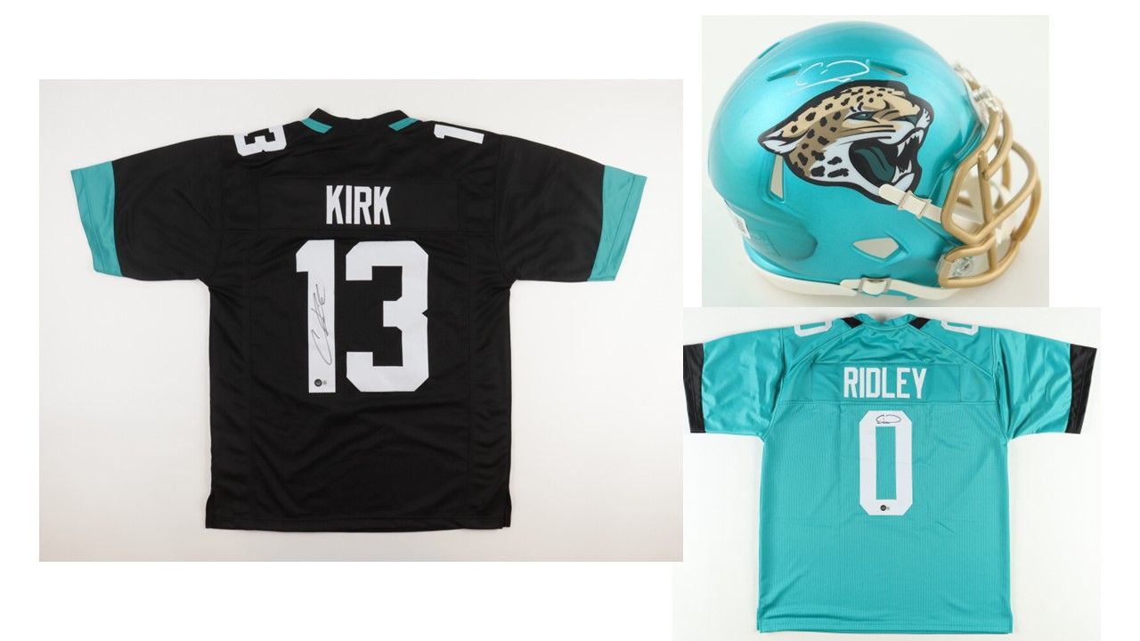 Calvin Ridley Signed Jacksonville Jaguars Jersey (Beckett) and Christian Kirk Signed Jacksonville Jaguars Jersey (Beckett), & Calvin Ridley Signed Jaguars Flash Alternate Speed Mini Helmet (Beckett)