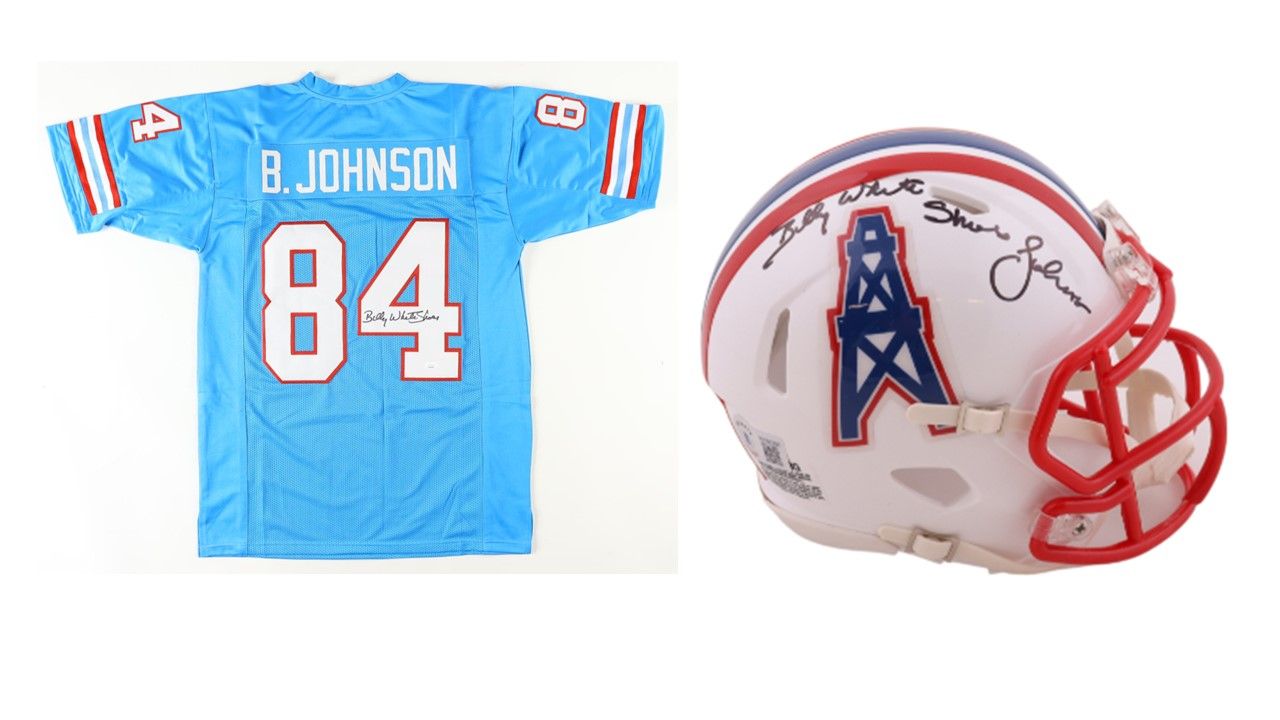 Billy "White Shoes" Johnson Signed Houston Oilers Jersey (JSA) & Billy "White Shoes" Johnson Signed Houston Oilers Speed Mini Helmet (Beckett)