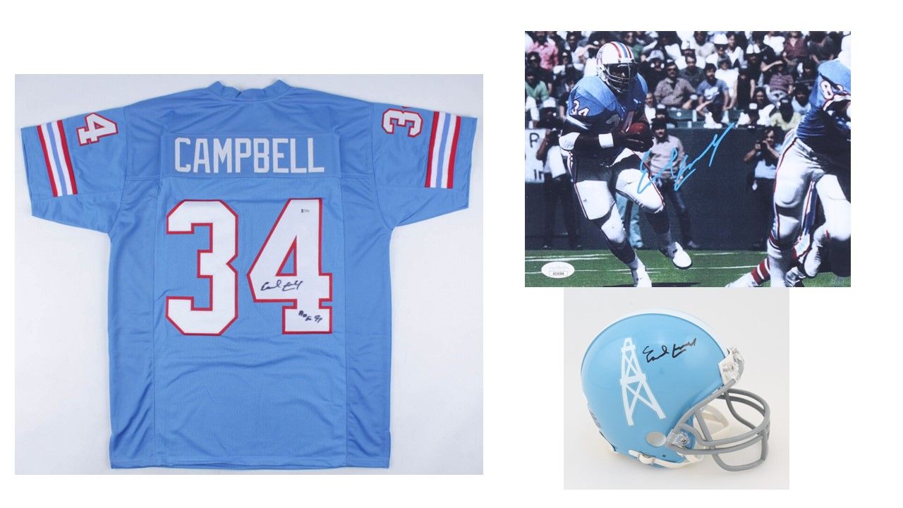 Earl Campbell Signed Houston Oilers Jersey Inscribed "HOF 91" (Beckett), Earl Campbell Signed Houston Oilers 8x10 Photo (JSA), & Earl Campbell Signed Houston Oilers Throwback Mini Helmet (JSA)