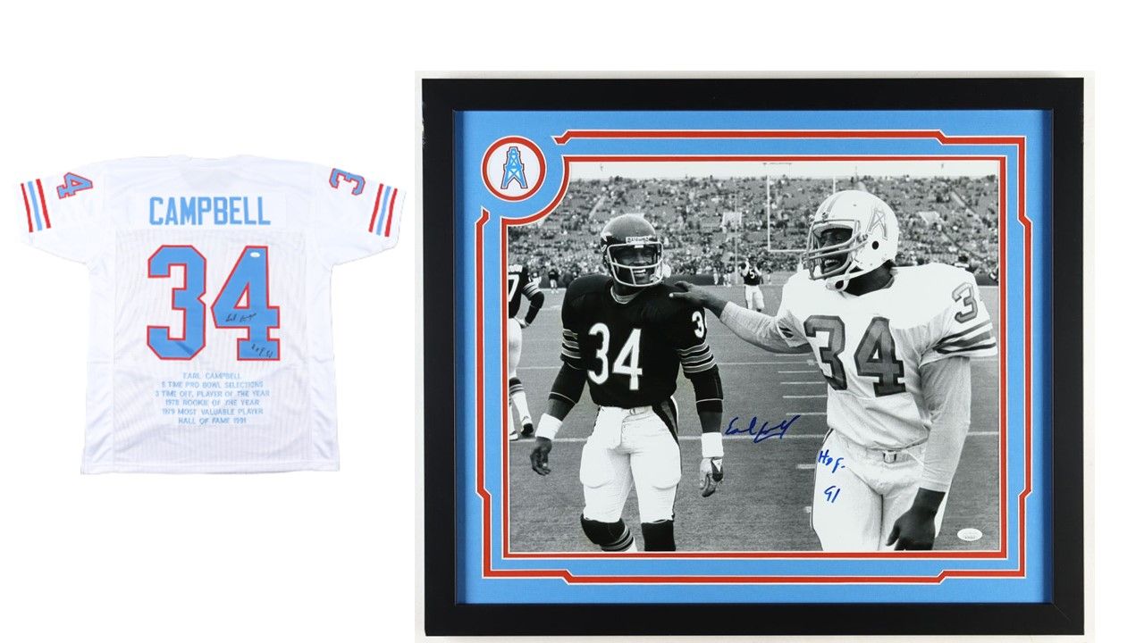 Earl Campbell Signed Houston Oilers Custom 22"X26" Framed Photo (JSA) & Earl Campbell Signed Career Highlight Stat Houston Oilers Jersey Inscribed "HOF 91" (JSA)