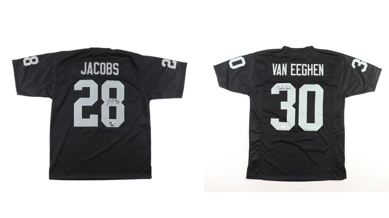 Josh Jacobs Signed Las Vegas Raiders Jersey (Beckett, Jacobs, & Palm Beach) & Mark van Eeghen Signed Oakland Raiders Jersey (JSA)