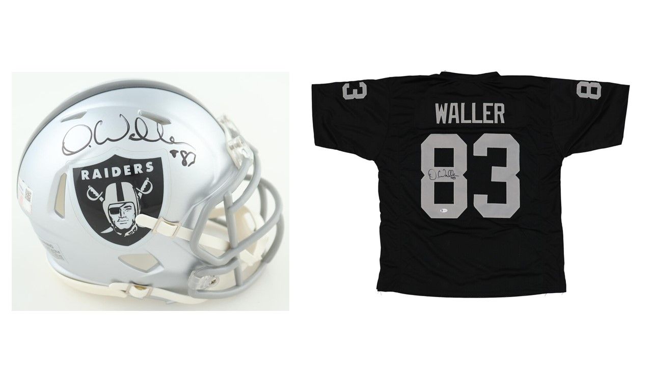 Darren Waller Signed Oakland Raiders Jersey (Beckett) and Darren Waller Signed Oakland Raiders Speed Mini Helmet (Fanatics)