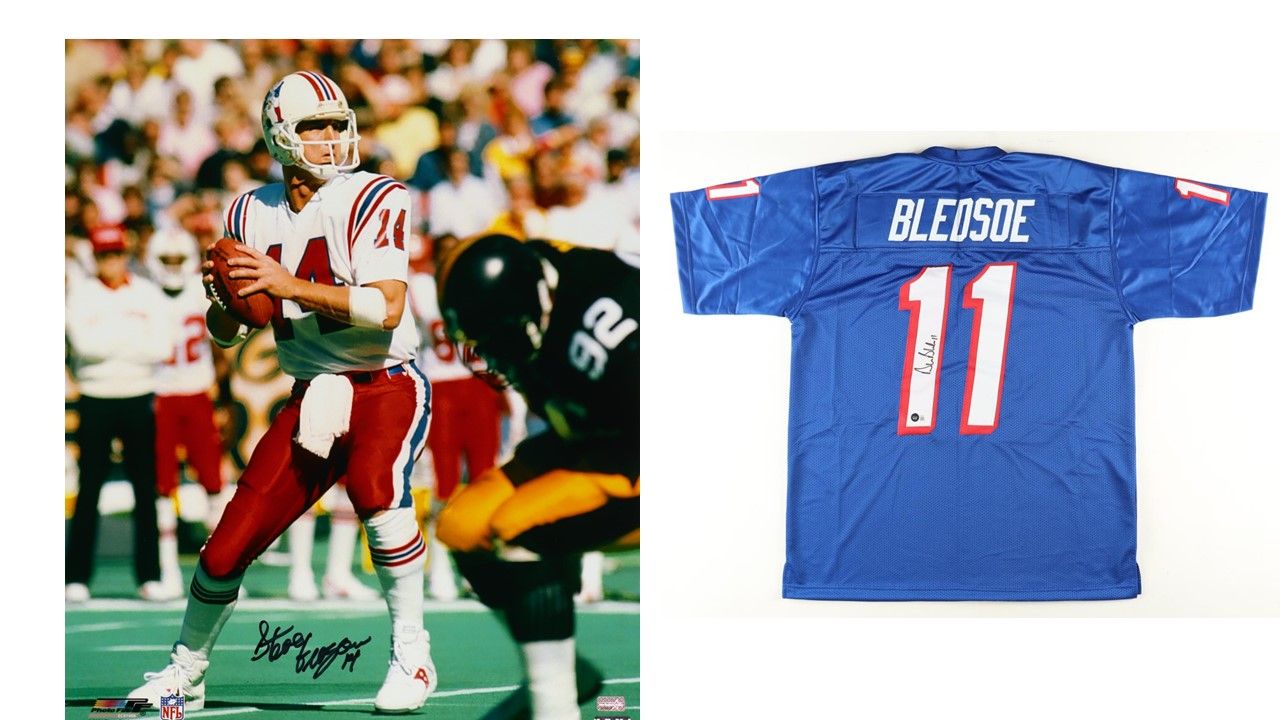 Drew Bledsoe Signed New England Patriots Jersey (Beckett) & Steve Grogan Signed New England Patriots 16x20 Photo (New England Picture)