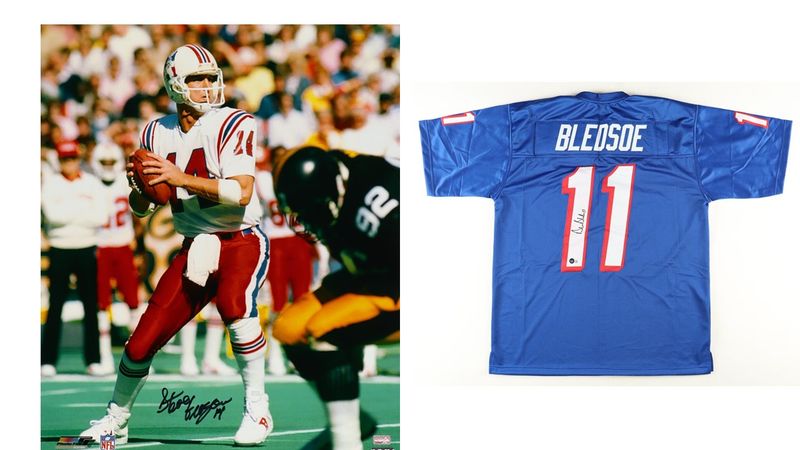 Drew Bledsoe Signed New England Patriots Jersey (Beckett) & Steve Grogan Signed New England Patriots 16x20 Photo (New England Picture)