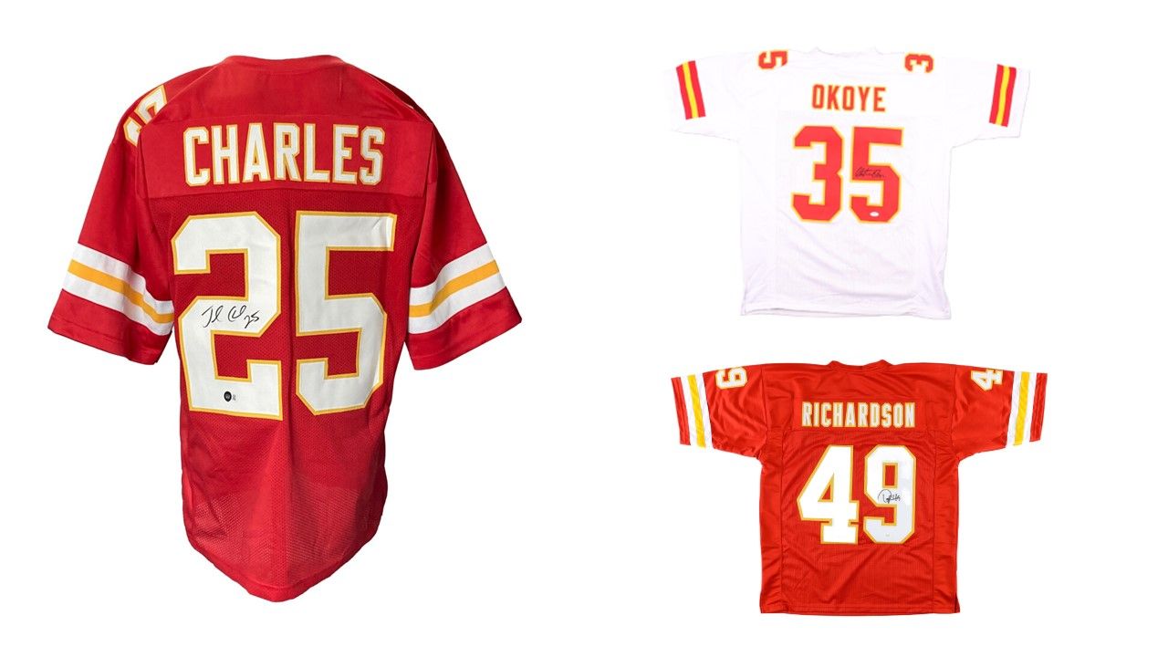 Jamaal Charles Signed Kansas City Chiefs Jersey (Beckett), Christian Okoye Signed Kansas City Chiefs Jersey (PSA), & Tony Richardson Signed Kansas City Chiefs Jersey (JSA)