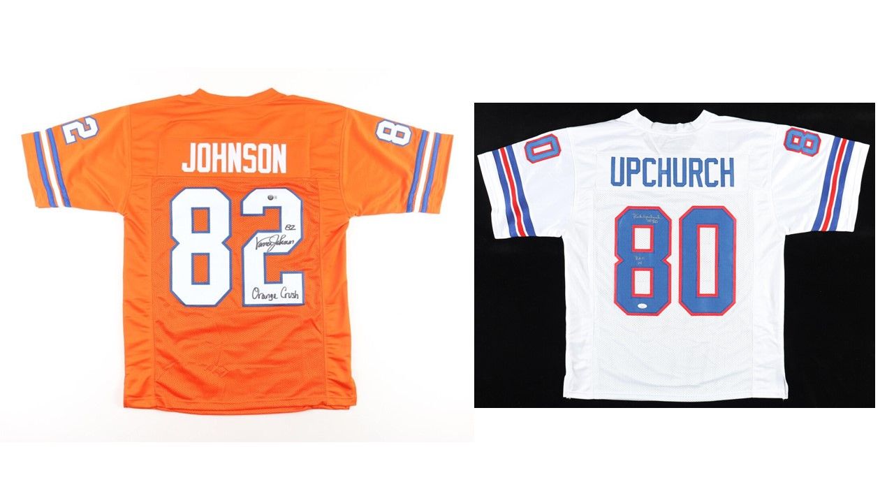 Rick Upchurch Signed Denver Broncos Jersey Inscribed "ROF 14" (JSA) & Vance Johnson Signed Denver Broncos Jersey Inscribed "Orange Crush" (Beckett)