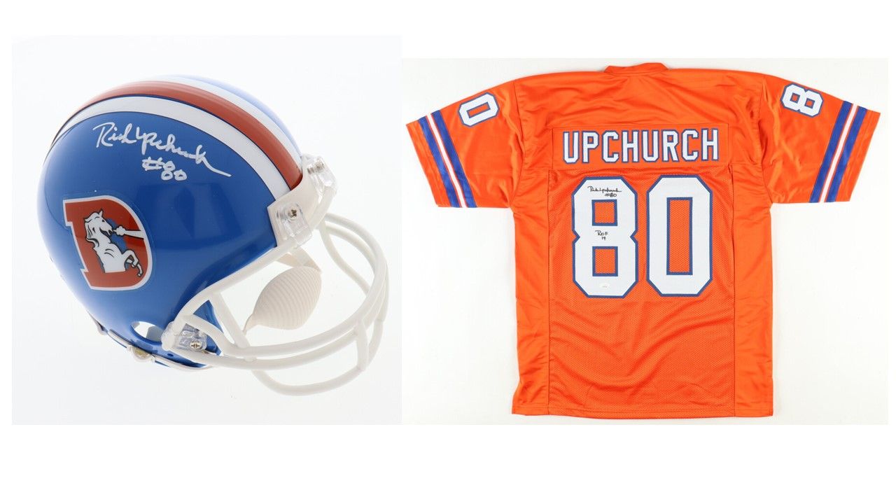 Rick Upchurch Signed Broncos Mini Helmet (Beckett) and Rick Upchurch Signed Jersey Inscribed "ROF 14" (JSA)