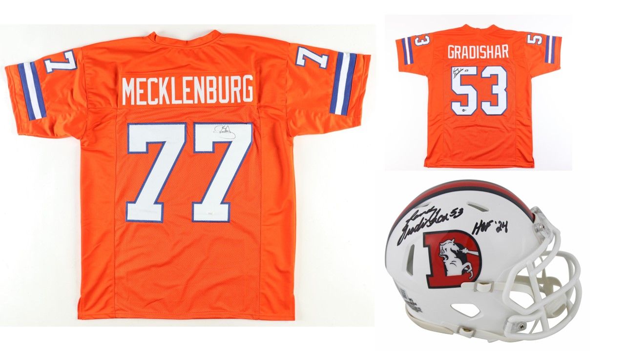 Randy Gradishar Signed Denver Broncos Jersey (Beckett), Randy Gradishar Signed Denver Throwback Alternate Speed Mini Helmet Inscribed "HOF 24" (Beckett), & Karl Mecklenburg Denver Signed Jersey (JSA)