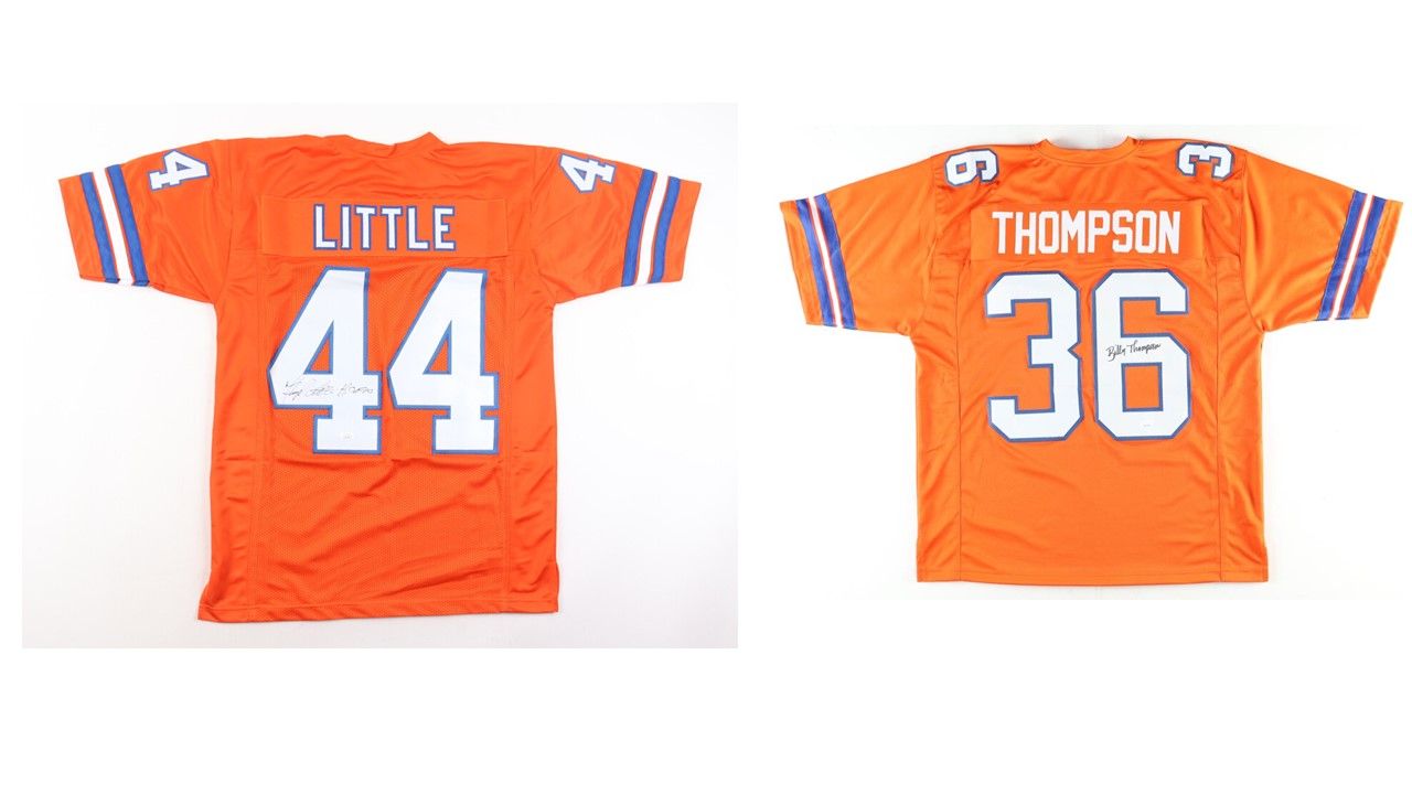 Floyd Little Signed Denver Broncos Jersey Inscribed "H.O.F. 10" (JSA) & Billy Thompson Signed Denver Broncos Jersey (JSA)