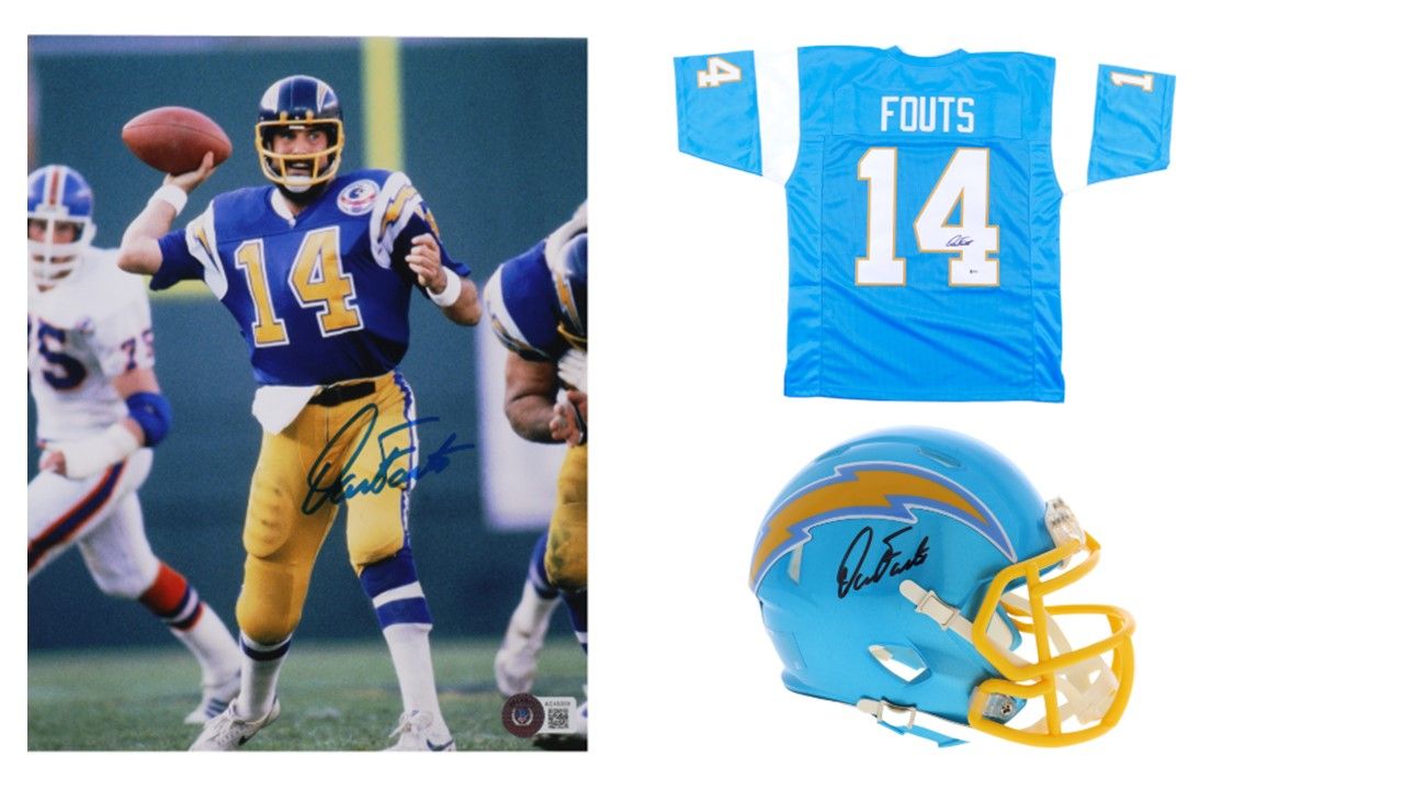 Dan Fouts Signed San Diego Chargers Jersey (Beckett), Dan Fouts Signed San Diego Chargers Flash Alternate Speed Mini Helmet (Schwartz), & Dan Fouts Signed San Diego Chargers 8x10 Photo (Beckett)