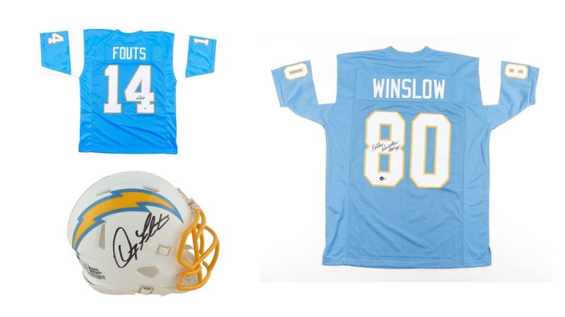 Dan Fouts Signed San Diego Chargers Jersey (Beckett), Doug Flutie Signed San Diego Chargers Speed Mini Helmet (Beckett), & Kellen Winslow Signed San Diego Chargers Jersey Inscribed Dan Fouts Signed San Diego Chargers Jersey (Beckett), Doug Flutie Signed San Diego Chargers Speed Mini Helmet (Beckett), & Kellen Winslow Signed San Diego Chargers Jersey Inscribed "HOF 95" (Beckett)