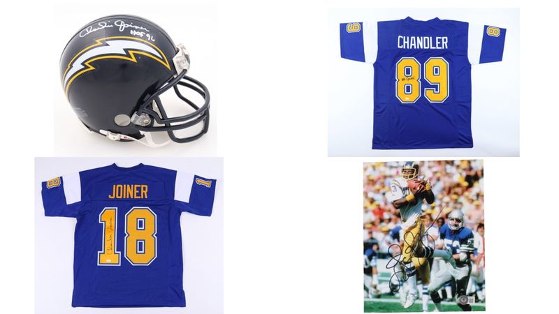 Charlie Joiner Signed San Diego Chargers Mini Helmet Inscribed Charlie Joiner Signed San Diego Chargers Mini Helmet Inscribed "HOF '96" (JSA), Charlie Joiner Signed Jersey (JSA), Wes Chandler Signed Jersey (JSA) John Jefferson Signed Chargers 8x10 Photo (Beckett)
