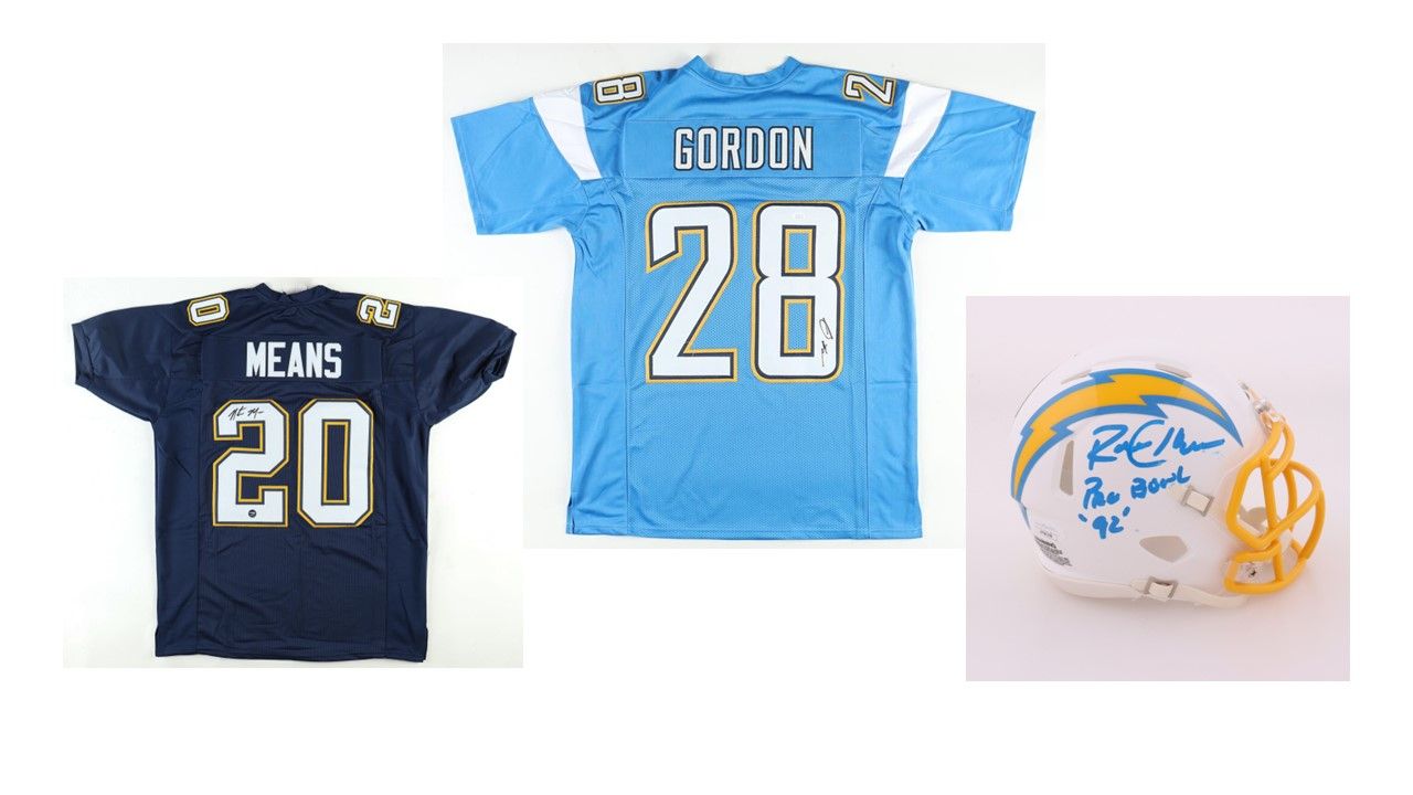 Melvin Gordon Signed San Diego Chargers Jersey (JSA), Natrone Means Signed San Diego Chargers Jersey (Prova), & Ronnie Harmon Signed San Diego Chargers Speed Mini Helmet Inscribed "Pro Bowl 92" (JSA)