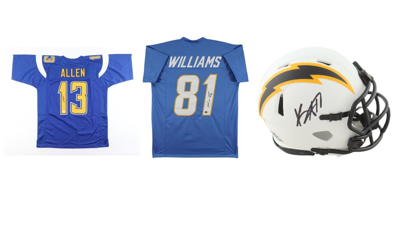 Keenan Allen Signed San Diego Chargers Jersey (JSA), Keenan Allen Signed Chargers Lunar Eclipse Alternate Speed Chargers Mini Helmet (Beckett) & Mike Williams Signed San Diego Jersey (Beckett)