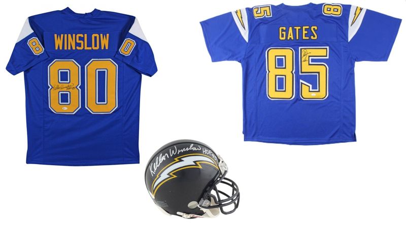Antonio Gates Signed Jersey (JSA COA), Kellen Winslow Signed Jersey Inscribed Antonio Gates Signed Jersey (JSA COA), Kellen Winslow Signed Jersey Inscribed "HOF 95" (Beckett), & Kellen Winslow Signed Chargers Mini Helmet Inscribed "HOF 95" (JSA)