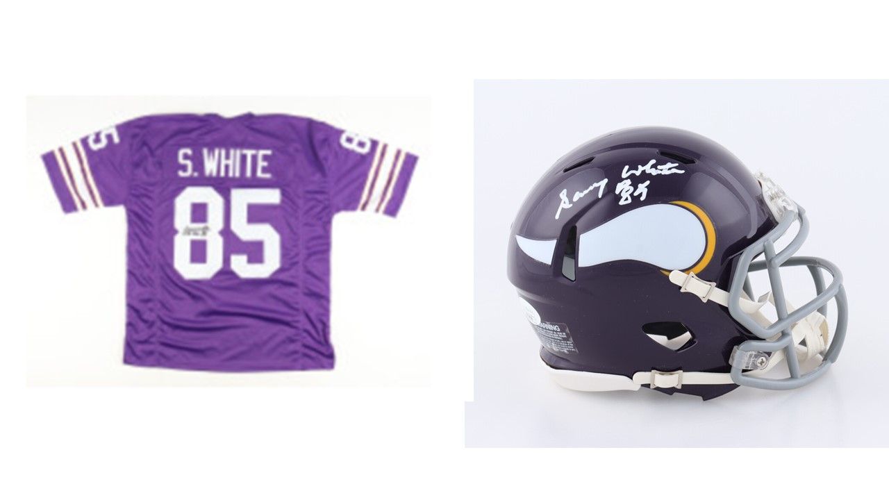 Sammy White Signed Minnesota Vikings Jersey Inscribed "1976 ROY" (PSA) and Sammy White Signed Minnesota Vikings Speed Mini Helmet (JSA)