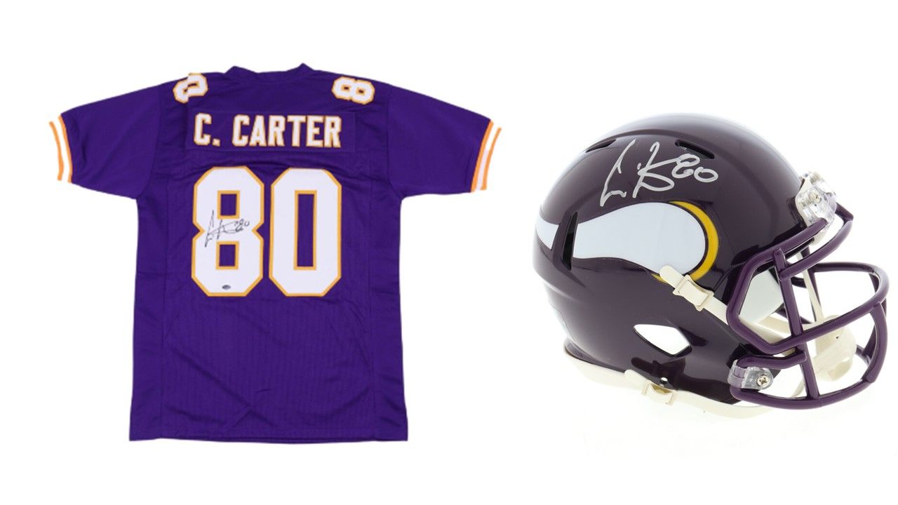 Cris Carter Signed Minnesota Vikings Jersey (Schwartz) & Cris Carter Signed Minnesota Vikings Throwback Speed Mini Helmet (Schwartz)