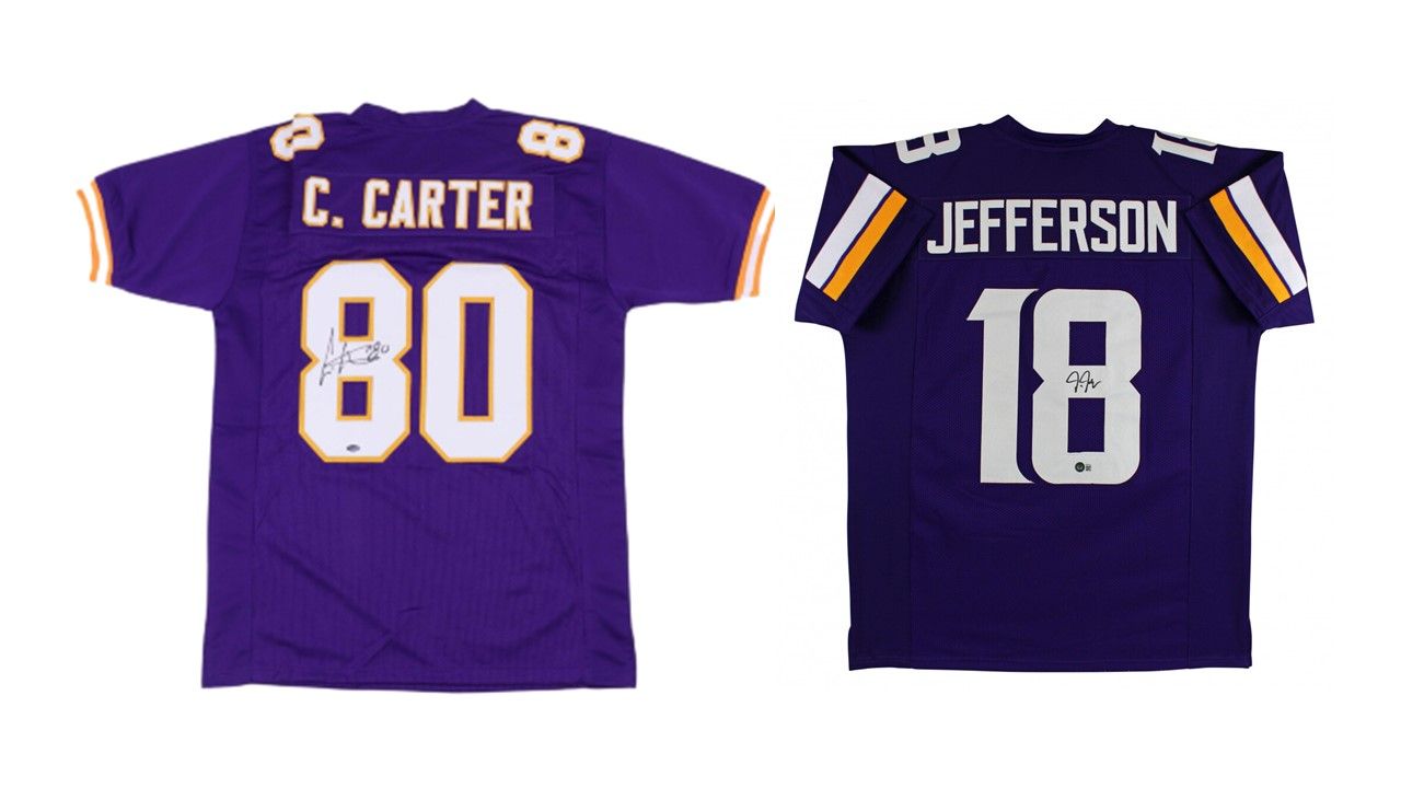 Justin Jefferson Signed Minnesota Vikings Jersey (Beckett) & Cris Carter Signed Minnesota Vikings Jersey (Schwartz)