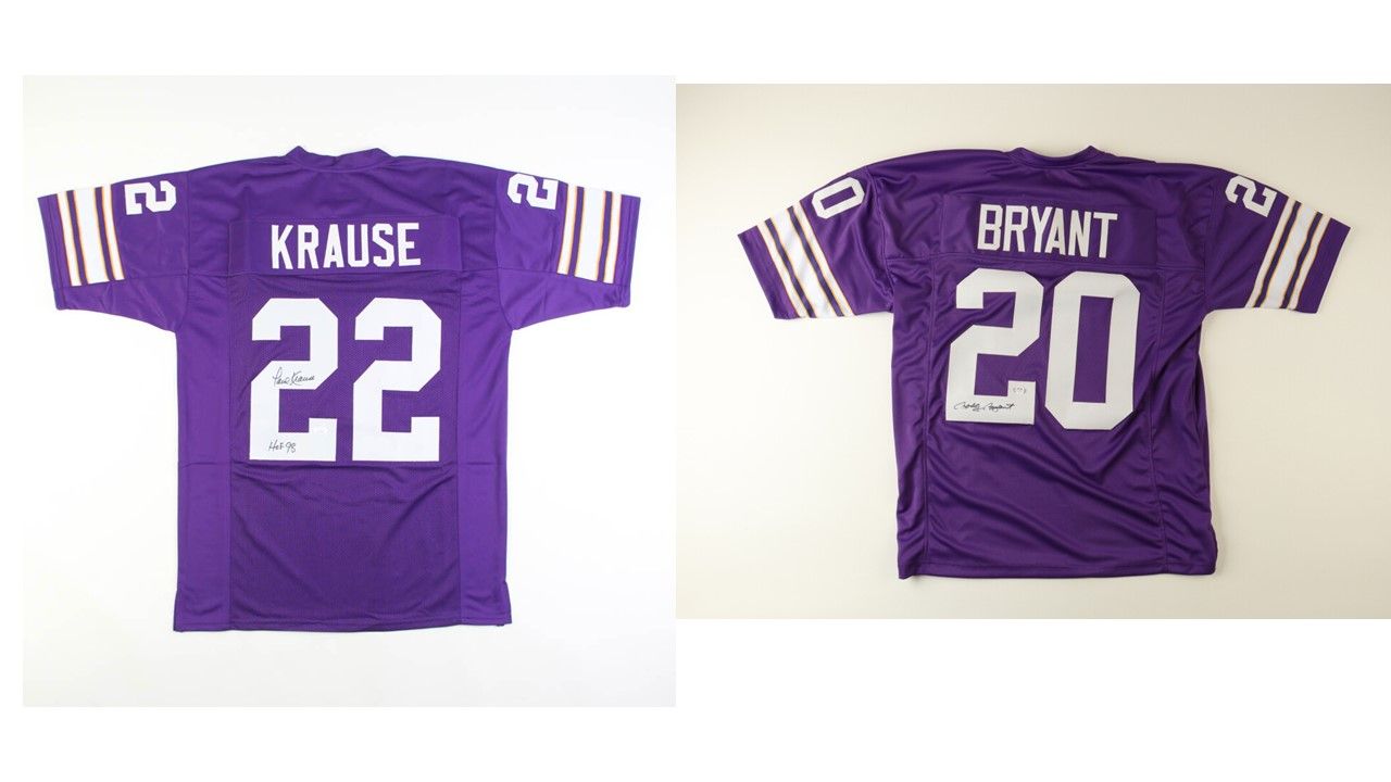 Paul Krause Signed Minnesota Vikings Jersey Inscribed "HOF 98" (JSA) & Bobby Bryant Signed Minnesota Vikings Jersey (PSA)