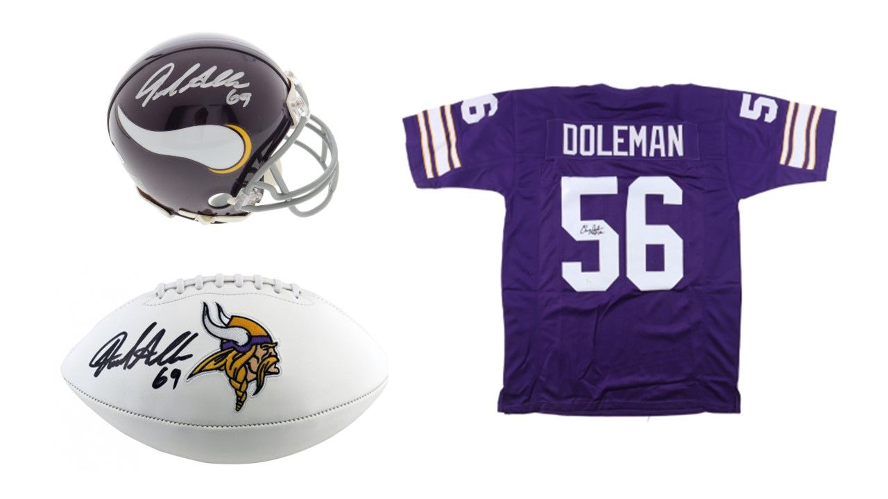 Jared Allen Signed Minnesota Vikings Mini Helmet (Beckett), Jared Allen Signed Minnesota Vikings Logo Football (Beckett), & Chris Doleman Signed Minnesota Vikings Jersey Inscribed "HOF 12" (JSA)