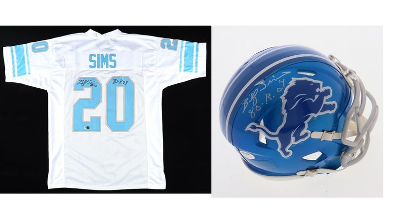 Billy Sims Signed Detroit Lions Jersey Inscribed Billy Sims Signed Detroit Lions Jersey Inscribed "80 R.O.Y." (PIA) & Billy Sims Signed Detroit Lions Flash Alternate Speed Mini Helmet Inscribed "80 ROY" (Schwartz)