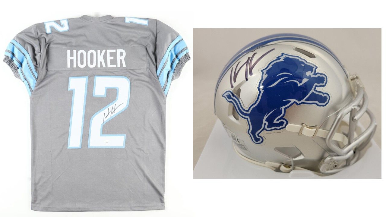 Hendon Hooker Signed Detroit Lions Jersey (JSA) - Grey and Hendon Hooker Signed Detroit Lions Speed Mini Helmet (Beckett)
