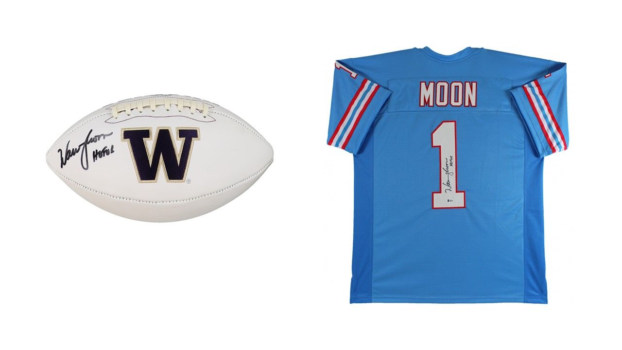 Warren Moon Signed Houston Oilers Jersey Inscribed "HOF 06" (Beckett) & Warren Moon Signed Washington Huskies Logo Football Inscribed "HOF 06" (Beckett)