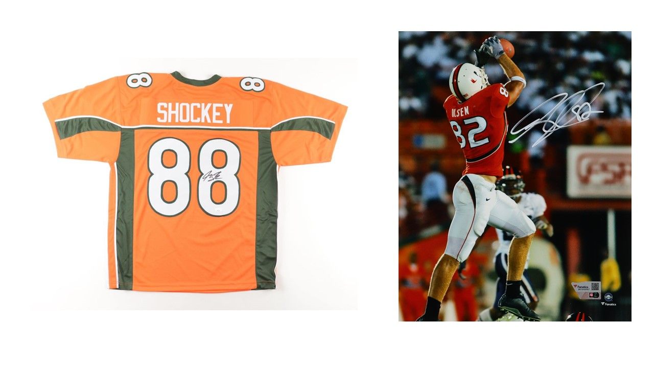Jeremy Shockey Signed Miami Hurricanes Jersey (JSA) & Greg Olsen Miami Hurricanes Signed 8x10 Photo (Fanatics)