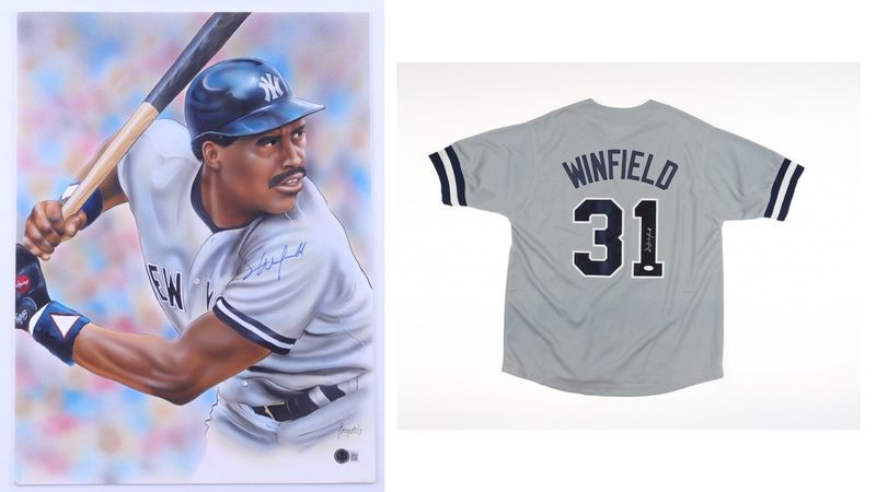 Dave Winfield Signed New York Yankees Jersey (JSA) & Dave Winfield Signed New York Yankees 15x20 Longordo Original Mixed Media Artwork on Illustration Board (Beckett) Dave Winfield Signed New York Yankees Jersey (JSA) & Dave Winfield Signed New York Yankees 15x20 Longordo Original Mixed Media Artwork on Illustration Board (Beckett)