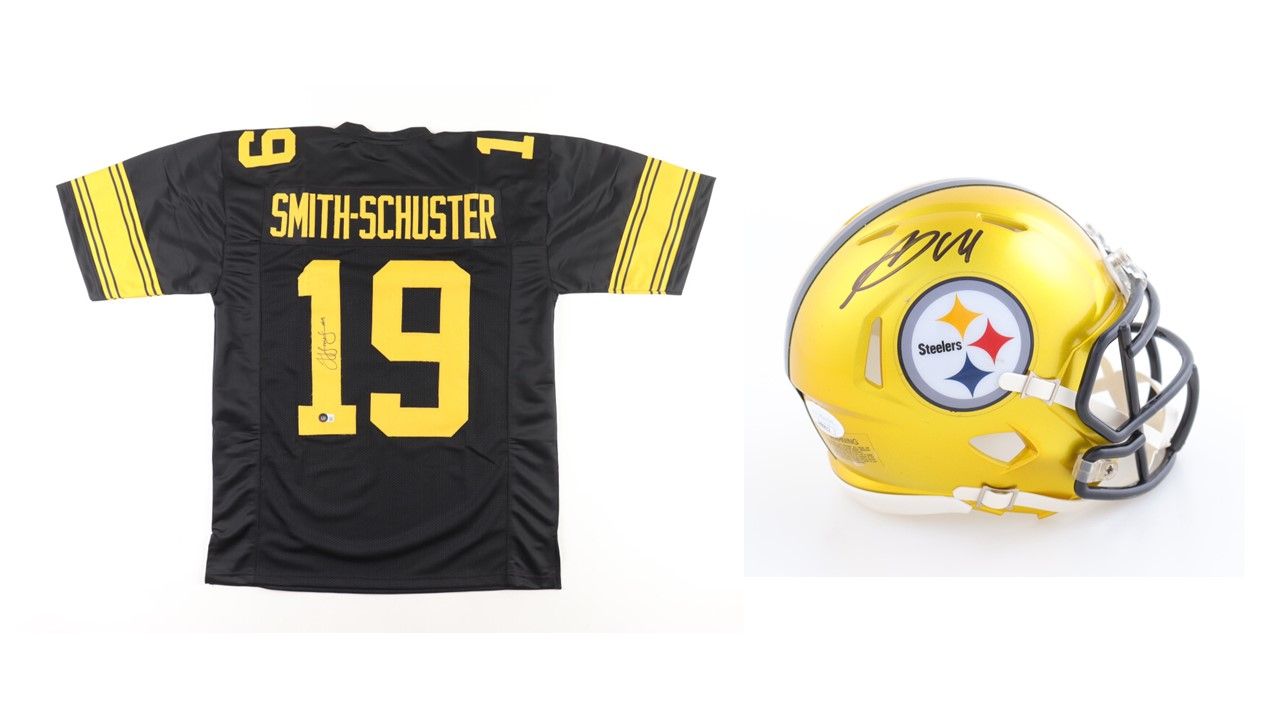 JuJu Smith-Schuster Signed Pittsburgh Steelers Jersey (Beckett) & George Pickens Signed Pittsburgh Steelers Flash Alternate Speed Mini Helmet (JSA)
