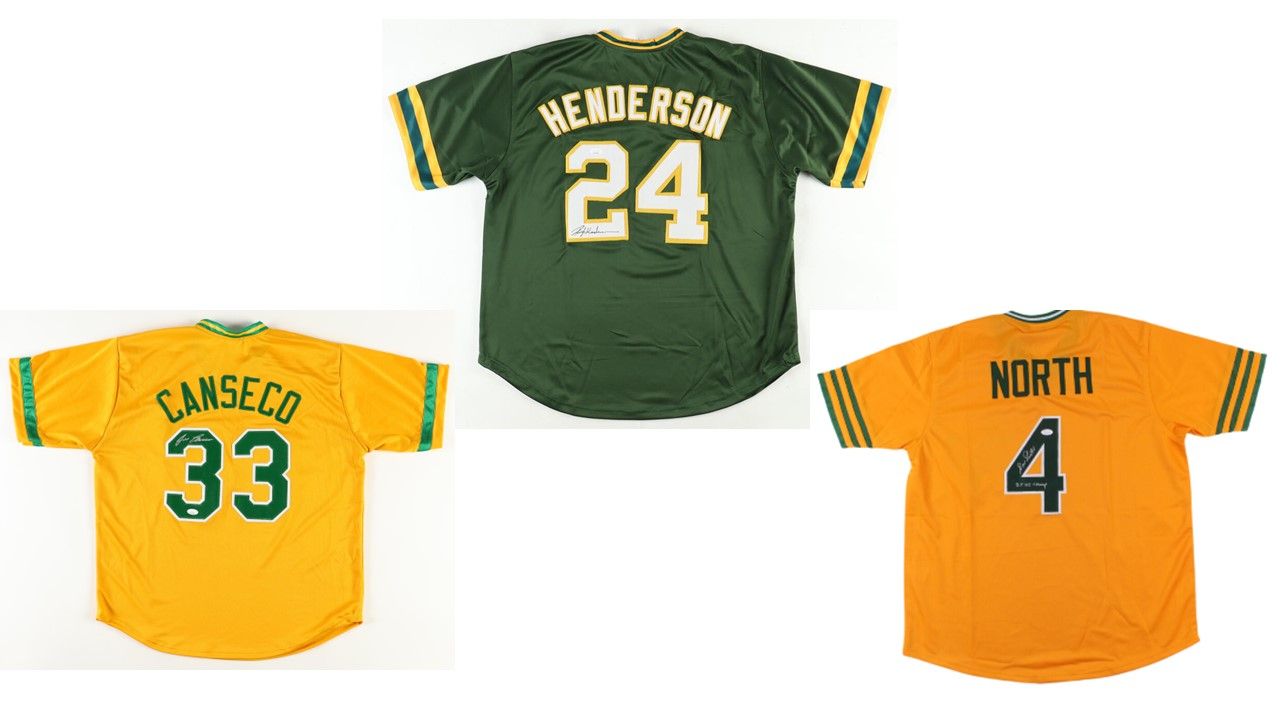 Rickey Henderson Signed Oakland Athletics Jersey (JSA), Jose Canseco Signed Oakland Athletics Jersey (JSA), & Bill North Signed Oakland Athletics Jersey Inscribed "2x WS Champs" (JSA)