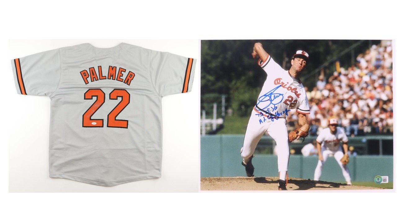 Jim Palmer Signed Baltimore Orioles Jersey Inscribed "1973, 75, 76 Cy" & "HOF 90" (JSA) & Jim Palmer Signed Baltimore Orioles 11x14 Photo Inscribed "73, 75, 76 AL CY Young" (Beckett)