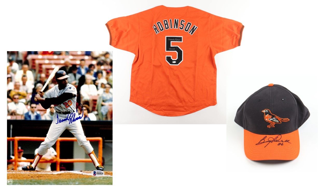 Brooks Robinson Signed Baltimore Orioles Jersey Inscribed "HOF 83" (JSA), Boog Powell Signed Baltimore Orioles Adjustable Hat (Beckett) & Frank Robinson Signed Baltimore Orioles 8x10 Photo (Beckett)