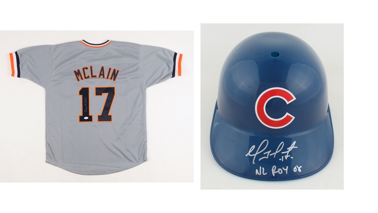 Denny McLain Signed Detroit Tigers Jersey (JSA) and Denny McLain Signed Chicago Cubs Full-Size Batting Helmet Inscribed "NL ROY 08" (Schwartz)