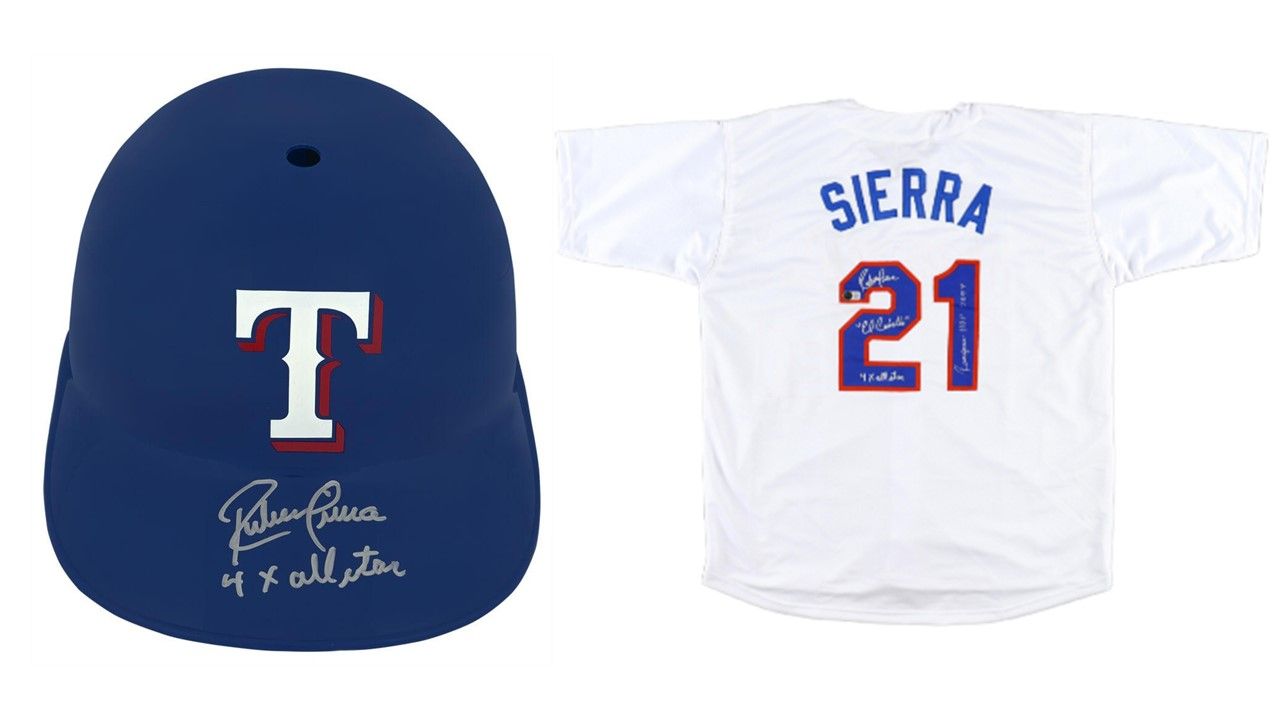 Ruben Sierra Signed Texas Rangers Jersey with Multiple Inscriptions (JSA) & Ruben Sierra Signed Texas Rangers Full-Size Batting Helmet Inscribed "4x All Star" (Schwartz)
