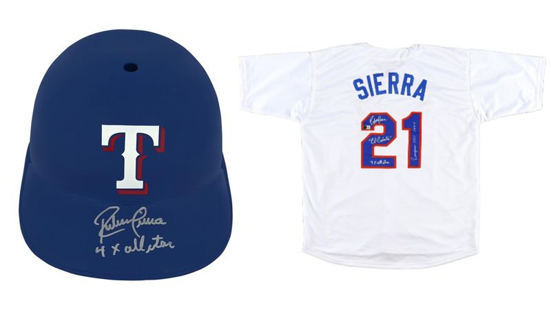 Ruben Sierra Signed Texas Rangers Jersey with Multiple Inscriptions (JSA) & Ruben Sierra Signed Texas Rangers Full-Size Batting Helmet Inscribed Ruben Sierra Signed Texas Rangers Jersey with Multiple Inscriptions (JSA) & Ruben Sierra Signed Texas Rangers Full-Size Batting Helmet Inscribed "4x All Star" (Schwartz)
