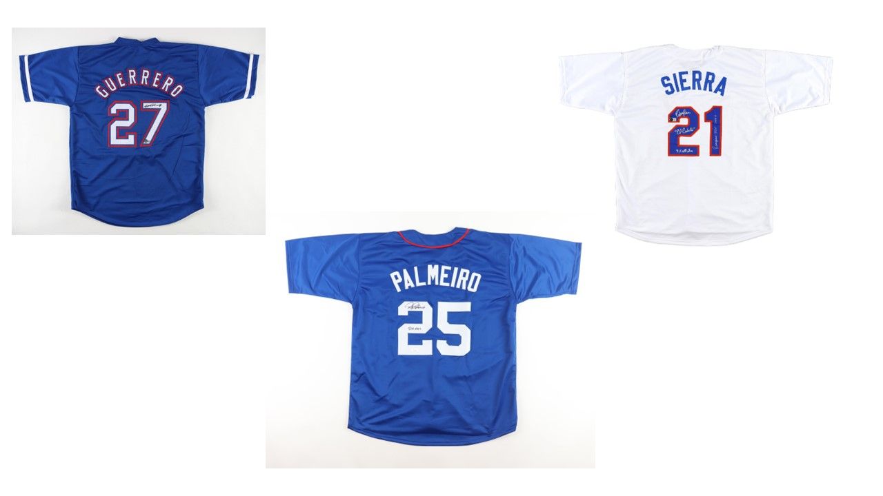 Vladimir Guerrero Sr. Signed Texas Rangers Jersey (Beckett), Ruben Sierra Signed Texas Rangers Jersey with Multiple Inscriptions (JSA), & Rafael Palmeiro Signed Texas Jersey Inscribed "569 HRS" (JSA)