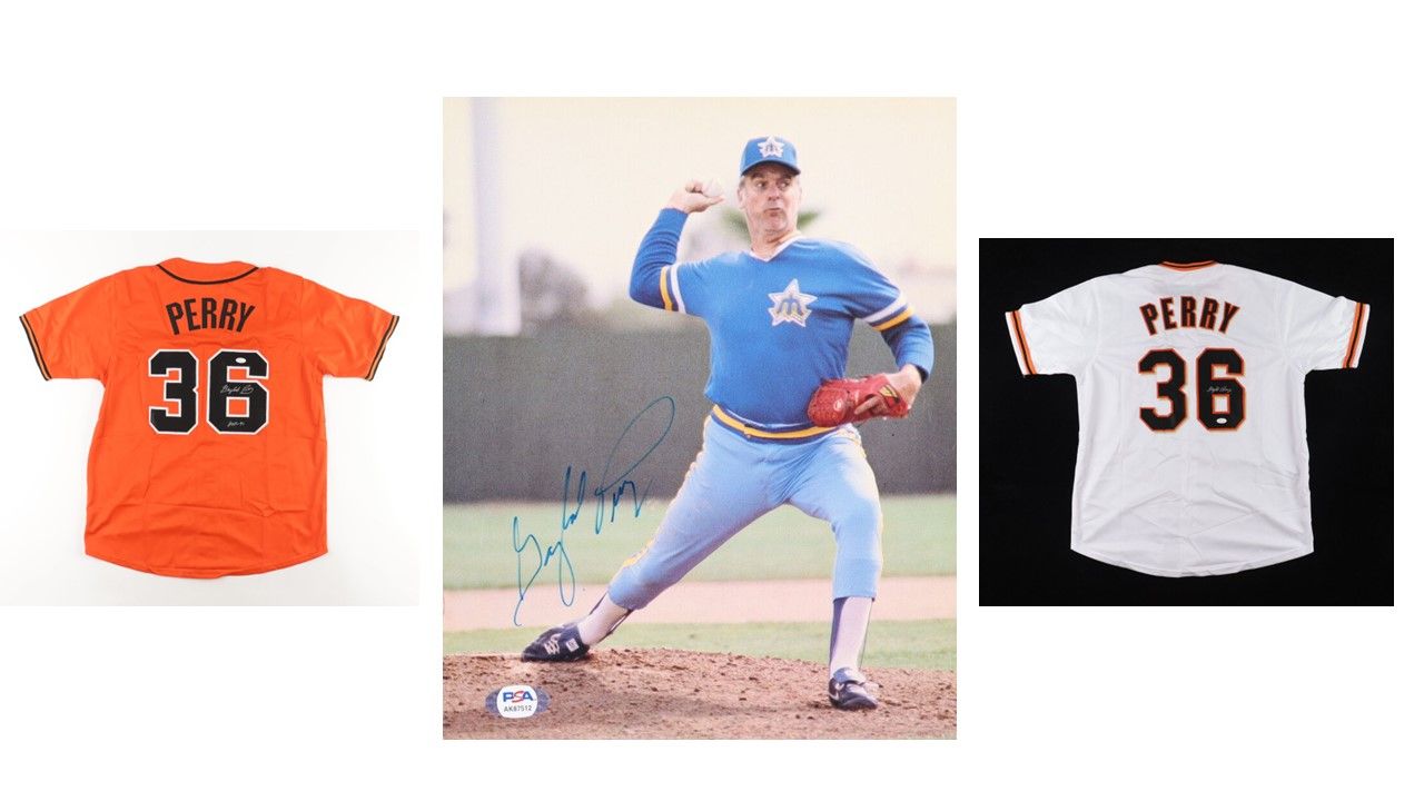 Gaylord Perry Signed San Francisco Giants Jersey Inscribed "H.O.F. - 91" (JSA), Gaylord Perry Signed Seattle Mariners 8x10 Photo (PSA), & Gaylord Perry Signed San Francisco Giants Jersey (JSA)