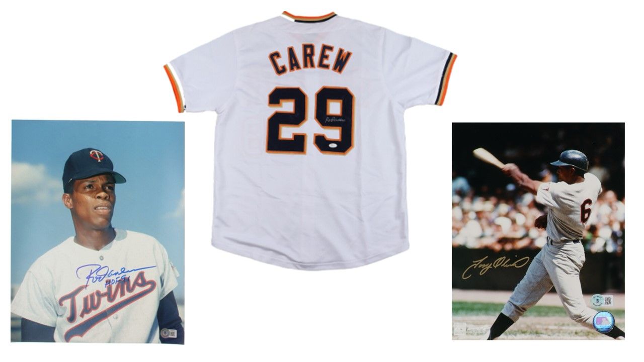 Rod Carew Signed Minnesota Twins Jersey (JSA), Rod Carew Signed Minnesota Twins 11x14 Photo Inscribed "HOF 91" (Beckett), & Tony Oliva Signed Minnesota Twins 8x10 Photo (Beckett)