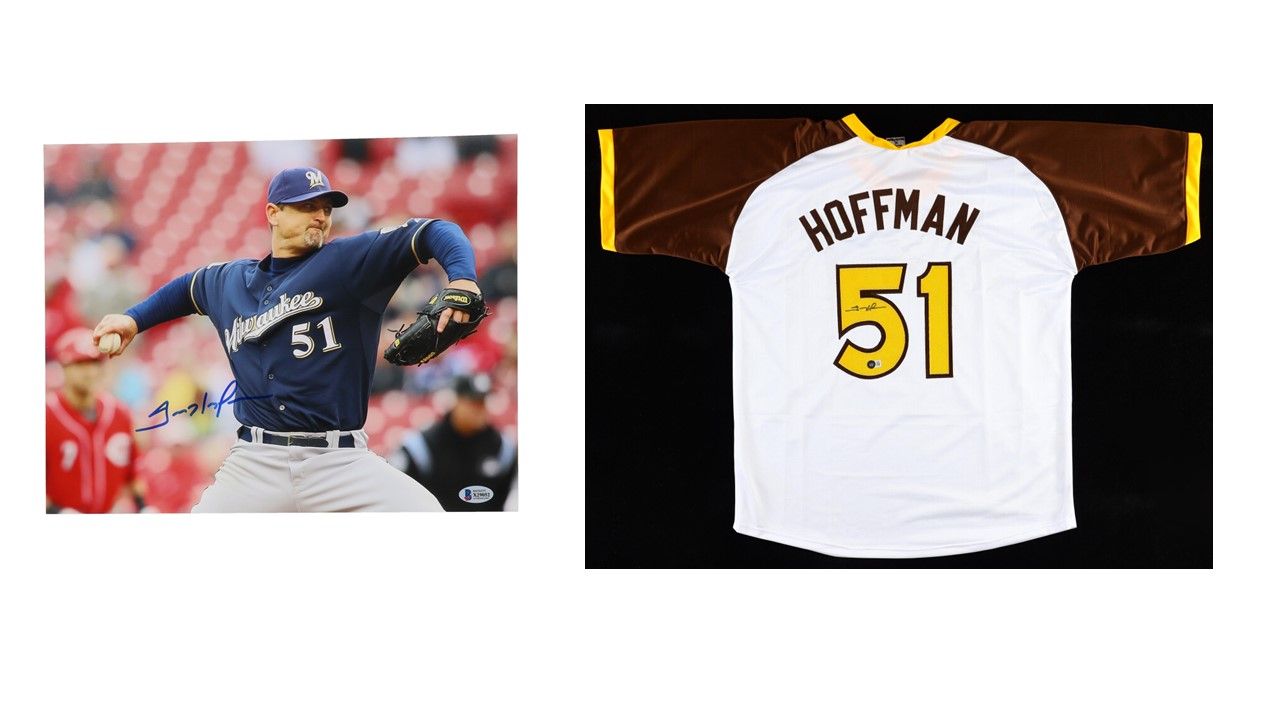 Trevor Hoffman Signed San Diego Padres Jersey (Beckett) & Trevor Hoffman Signed Milwaukee Brewers 11x14 Photo (Beckett)