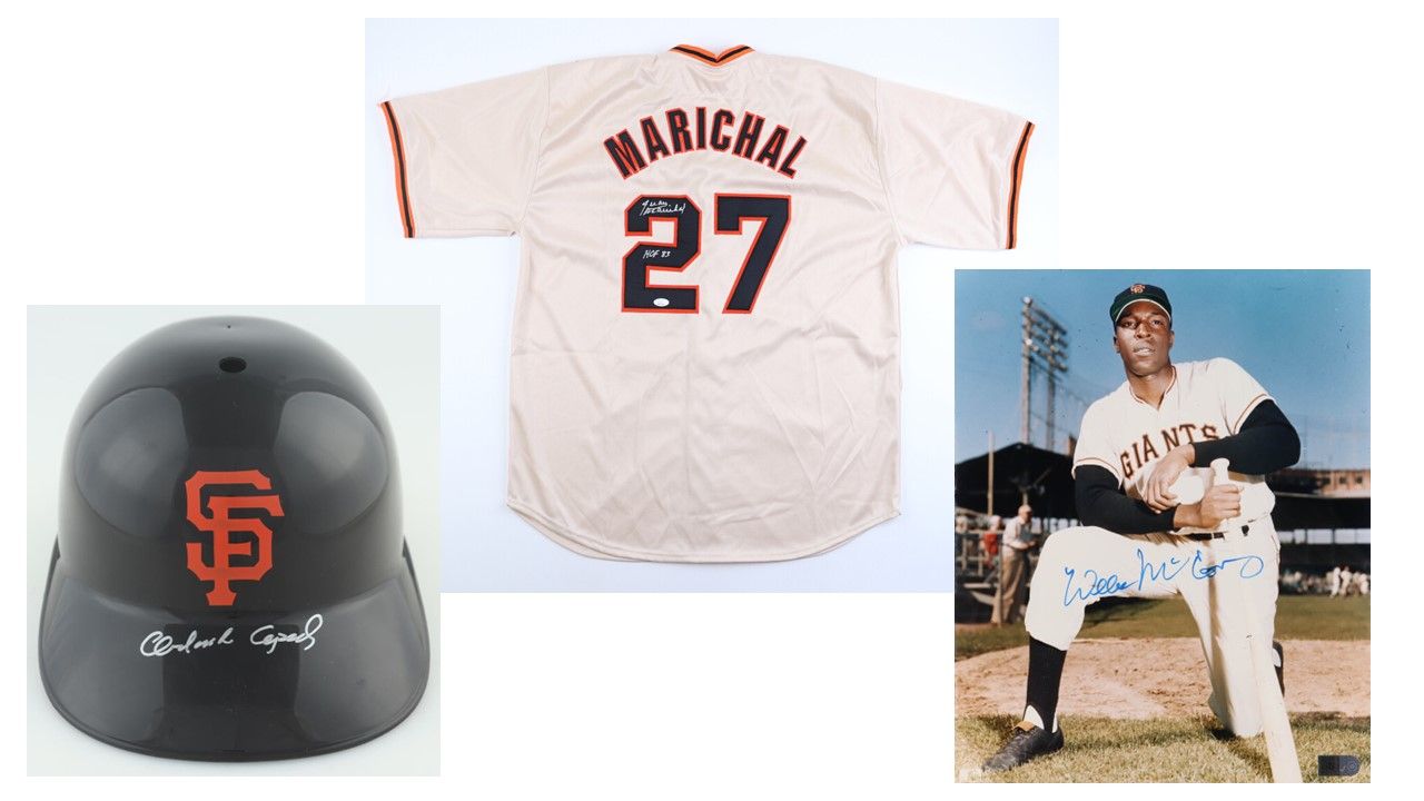 Juan Marichal Signed San Francisco Giants Jersey Inscribed "HOF 83" (JSA), Orlando Cepeda Signed Giants Full-Size Batting Helmet (Schwartz) & Willie McCovey Signed San Francisco Giants 8x10 Photo(AIV)