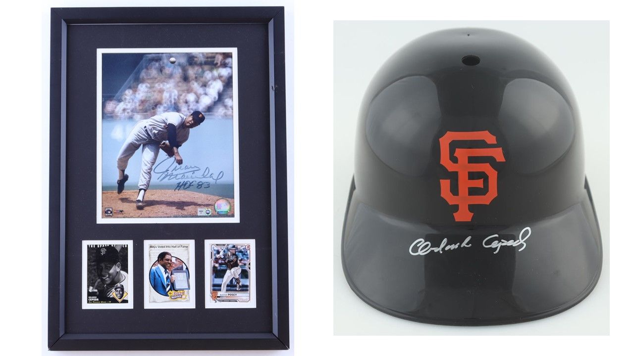 Juan Marichal Signed Giants Custom Framed Photo Display w/ Orlando Cepeda Willie Mays & Buster Posey Trading Cards Inscribed "HOF 83" & Orlando Cepeda Signed Giants Full-Size Batting Helmet (Schwartz)