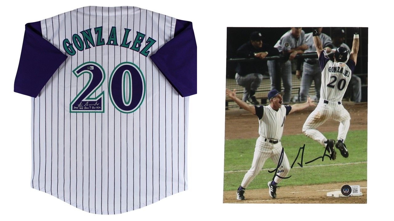 Luis Gonzalez Signed Arizona Diamondbacks Jersey Inscribed "2001 WS Game 7 GW Hit" (Beckett) & Luis Gonzalez Signed Arizona Diamondbacks 8x10 Photo (Beckett)