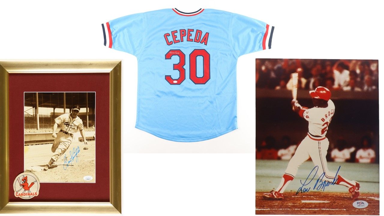 Lou Brock Signed St Louis Cardinals 8x10 Photo (PSA), Orlando Cepeda Signed St Louis Jersey (JSA), & Enos Slaughter Signed Cardinals 13x16 Custom Framed Photo Display w/ Vintage Cloth Team Logo (JSA)