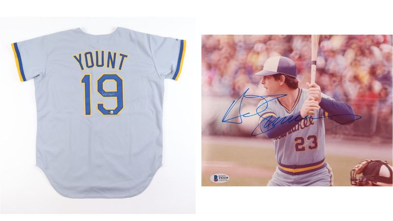 Robin Yount Signed Milwaukee Brewers Jersey (Beckett) & Ted Simmons Signed Milwaukee Brewers 8x10 Photo (Beckett)