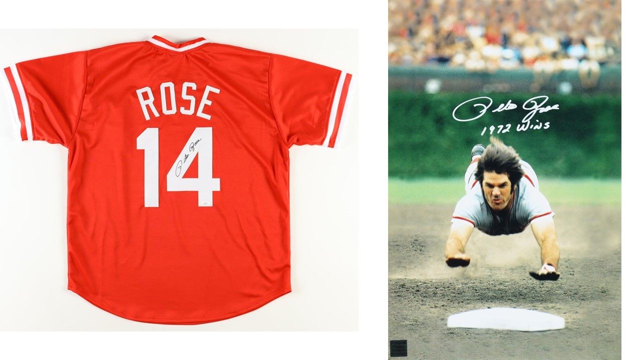 Pete Rose Signed Cincinnati Reds Jersey (JSA) & Pete Rose Signed Reds 11x17 Photo Inscribed "1972 Wins" (Playball Ink)
